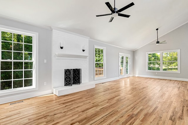 337 Sunnyside Rd, Tappahannock, VA 22560 - unfurnished living room featuring a ceiling fan, light wood-style floors, baseboards, healthy amount of natural light, and crown molding