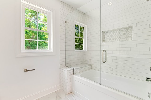 337 Sunnyside Rd, Tappahannock, VA 22560 - bathroom with baseboards, marble finish flooring, and combined bath / shower with glass door