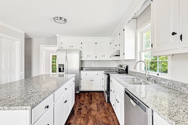 337 Sunnyside Rd, Tappahannock, VA 22560 - kitchen with stainless steel appliances, a sink, dark wood-type flooring, light stone counters, and white cabinets