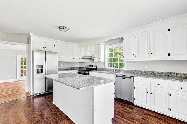 337 Sunnyside Rd, Tappahannock, VA 22560 - kitchen with stainless steel appliances, a sink, under cabinet range hood, dark wood-style flooring, and white cabinetry