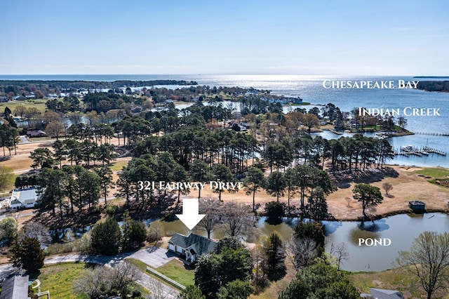 birds eye view of property featuring a water view