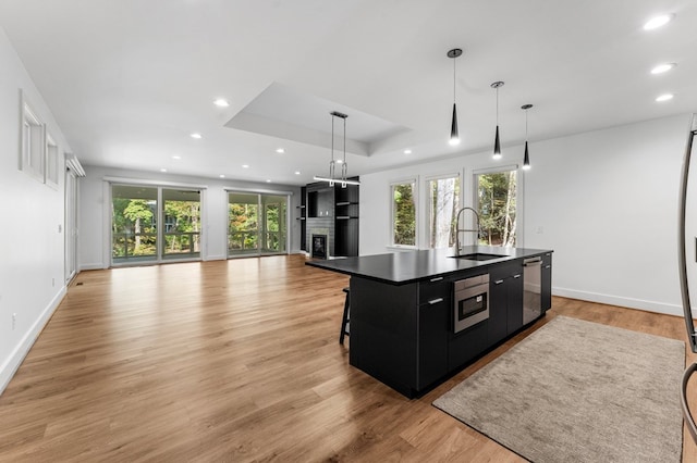 kitchen featuring sink, a fireplace, appliances with stainless steel finishes, a tray ceiling, and a large island