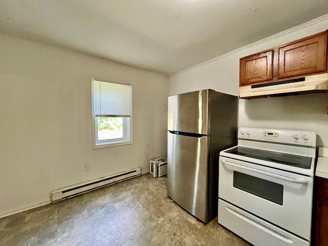 448 Poor Jack Rd, Montross, VA 22520 - kitchen with white range with electric stovetop, under cabinet range hood, a baseboard radiator, freestanding refrigerator, and concrete flooring