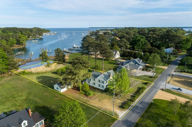 bird's eye view with a water view