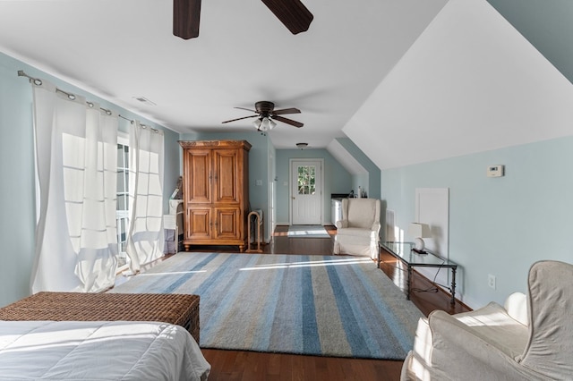 480 Rockingham Rd, Dunnsville, VA 22454 - bedroom featuring baseboards, a ceiling fan, vaulted ceiling, and wood finished floors