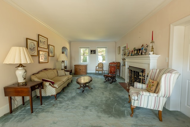 carpeted living room featuring ornamental molding