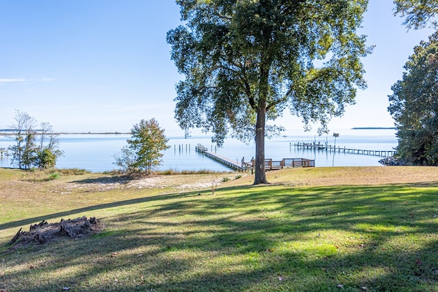 view of yard with a water view and a dock