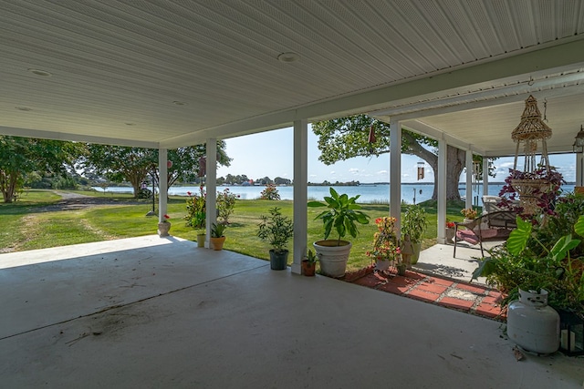 view of patio / terrace with a water view