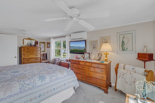 carpeted bedroom with ceiling fan and a wall unit AC