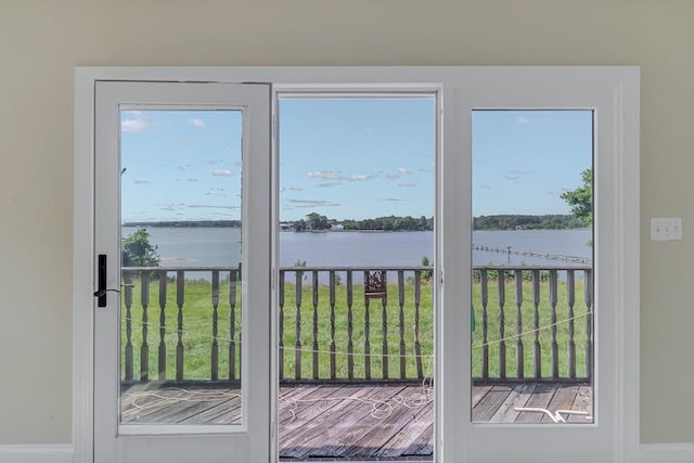 doorway to outside with a water view