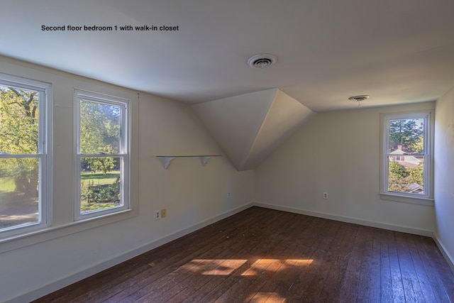 additional living space featuring dark hardwood / wood-style flooring, a healthy amount of sunlight, and vaulted ceiling