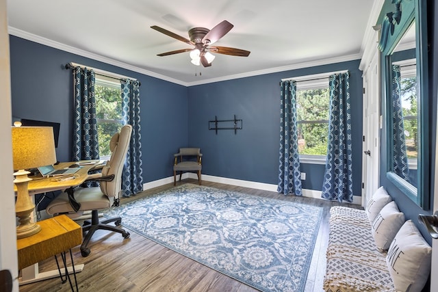 home office featuring crown molding, hardwood / wood-style floors, and ceiling fan