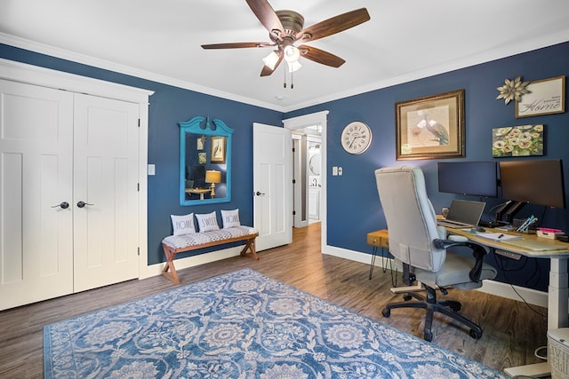 office featuring ceiling fan, wood-type flooring, and crown molding