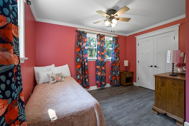 bedroom featuring crown molding, ceiling fan, and dark wood-type flooring