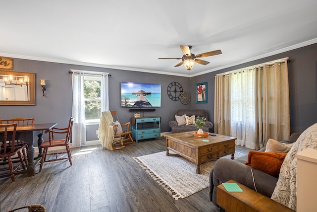 living room with dark hardwood / wood-style floors, ceiling fan, and crown molding