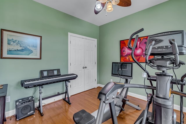 170 Rappa Run Rd, Topping, VA 23169 - exercise area with ceiling fan, baseboards, and wood finished floors