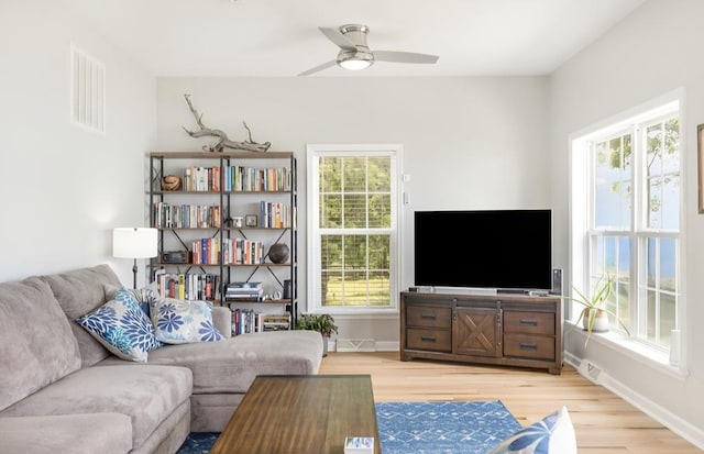 151 Bald Eagle Dr, Montross, VA 22520 - living room with light wood finished floors, baseboards, and ceiling fan