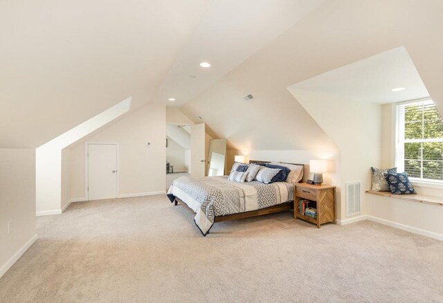 151 Bald Eagle Dr, Montross, VA 22520 - bedroom featuring light colored carpet, vaulted ceiling, recessed lighting, and baseboards