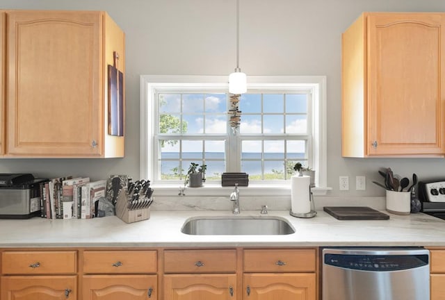 151 Bald Eagle Dr, Montross, VA 22520 - kitchen featuring a sink, stainless steel dishwasher, light brown cabinets, and light countertops
