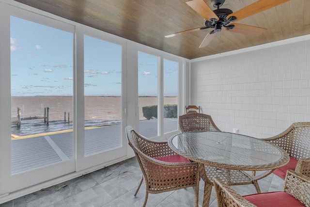 sunroom / solarium with a water view, wooden ceiling, and ceiling fan