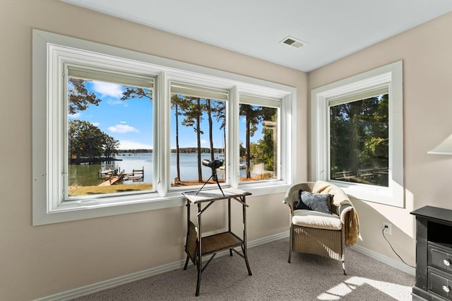 sitting room with light carpet and a water view