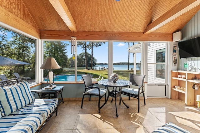 sunroom / solarium with wood ceiling and vaulted ceiling