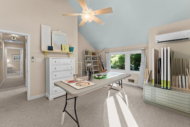 office area featuring ceiling fan, high vaulted ceiling, light colored carpet, and a wall unit AC