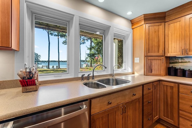 kitchen featuring sink, a wealth of natural light, stainless steel dishwasher, and a water view