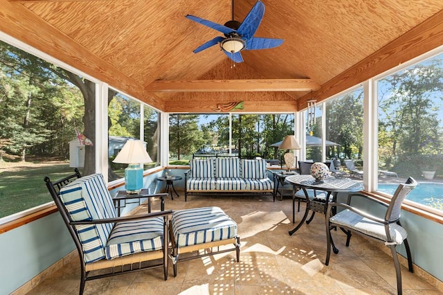 sunroom / solarium with lofted ceiling, wooden ceiling, and ceiling fan