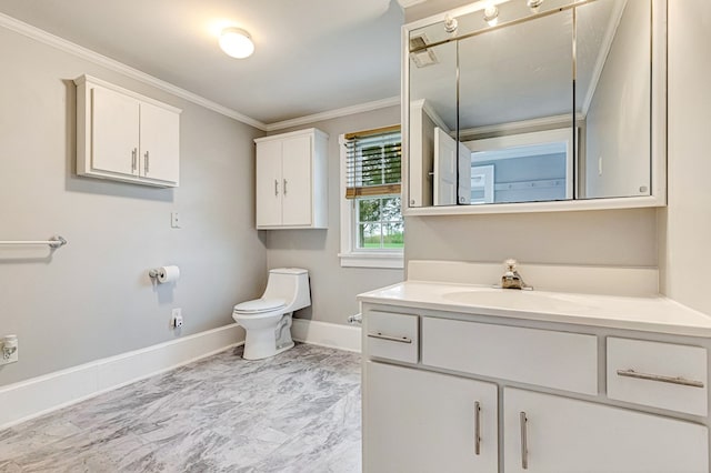 bathroom with toilet, baseboards, marble finish floor, crown molding, and vanity