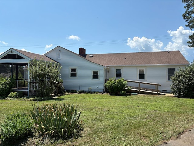 15073 Richmond Rd, Callao, VA 22435 - rear view of house with a sunroom, a chimney, a lawn, crawl space, and roof with shingles