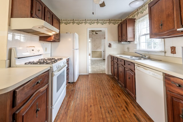 kitchen featuring sink, white appliances, ceiling fan, dark hardwood / wood-style flooring, and decorative backsplash