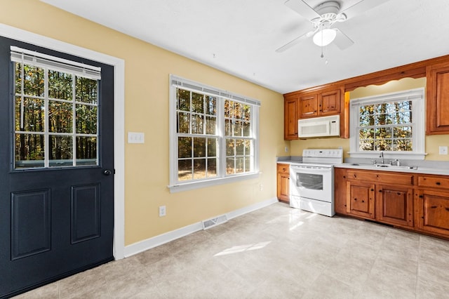 kitchen with ceiling fan, white appliances, sink, and a wealth of natural light