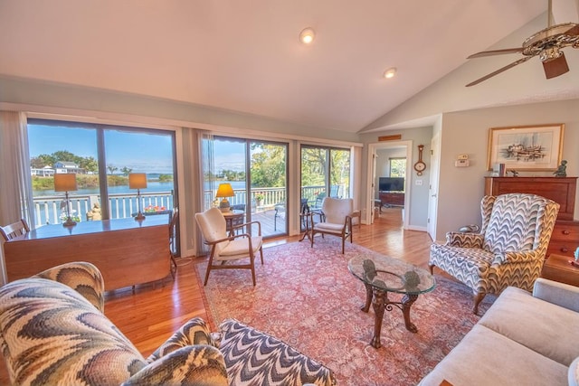 181 Cross St, Urbanna, VA 23175 - living area featuring light wood-style floors, ceiling fan, recessed lighting, high vaulted ceiling, and a water view