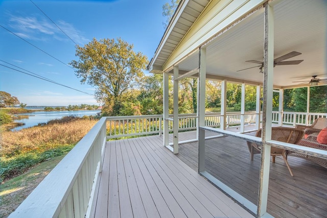 181 Cross St, Urbanna, VA 23175 - wooden deck featuring a water view and a ceiling fan
