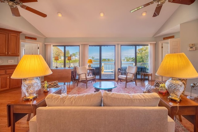 181 Cross St, Urbanna, VA 23175 - living room with a ceiling fan, healthy amount of natural light, light wood-style floors, high vaulted ceiling, and recessed lighting