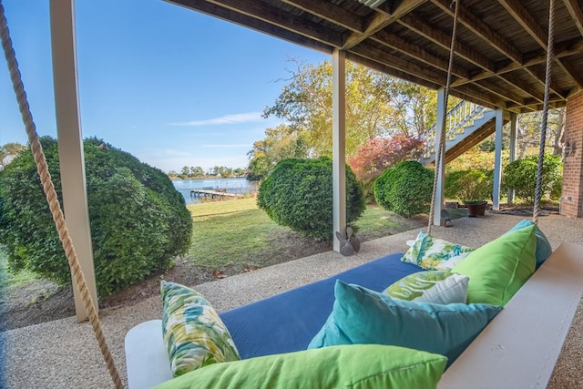 181 Cross St, Urbanna, VA 23175 - view of patio / terrace with an outdoor living space, a water view, and stairs