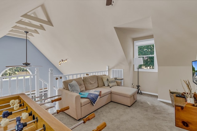 1198 Knights Landing Dr, Heathsville, VA 22473 - carpeted living area featuring ceiling fan, vaulted ceiling, and baseboards