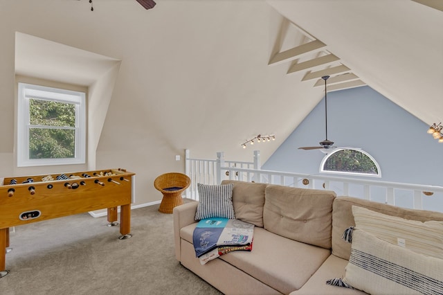 1198 Knights Landing Dr, Heathsville, VA 22473 - carpeted living area featuring a ceiling fan and vaulted ceiling