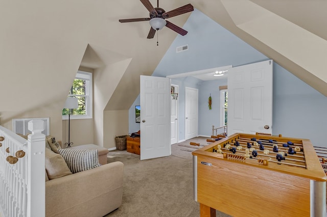 1198 Knights Landing Dr, Heathsville, VA 22473 - game room featuring carpet, a ceiling fan, plenty of natural light, and high vaulted ceiling