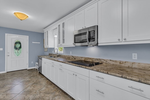 1198 Knights Landing Dr, Heathsville, VA 22473 - kitchen featuring appliances with stainless steel finishes, a sink, baseboards, glass insert cabinets, and white cabinetry