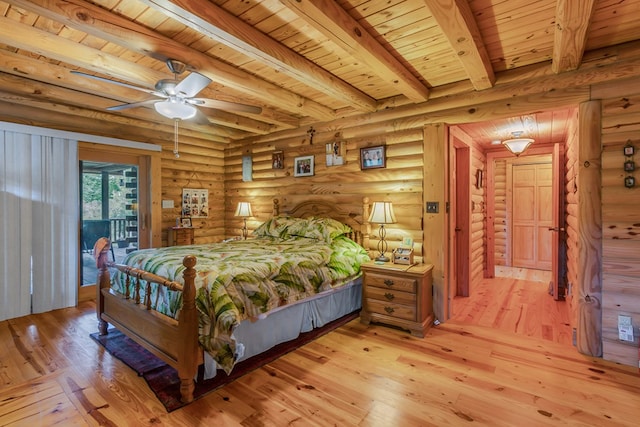 bedroom featuring beam ceiling, access to exterior, log walls, light hardwood / wood-style floors, and wood ceiling