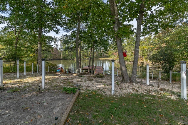 view of yard with a water view and a dock