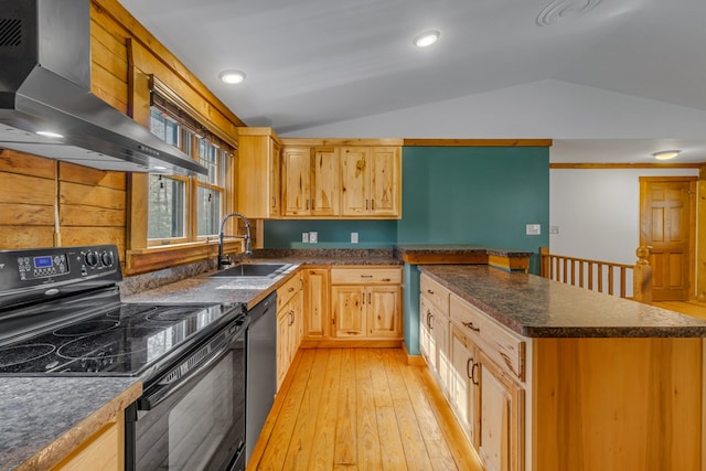 kitchen with vaulted ceiling, island exhaust hood, dishwasher, black range with electric cooktop, and a sink