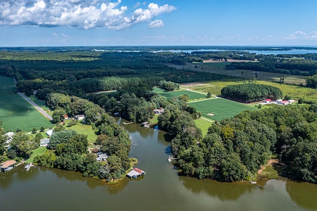 birds eye view of property featuring a rural view and a water view