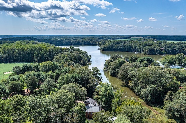 drone / aerial view with a forest view and a water view