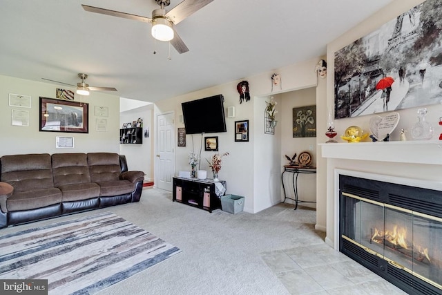6 Dockside Ct, Montross, VA 22520 - living area featuring ceiling fan, a fireplace with flush hearth, and carpet