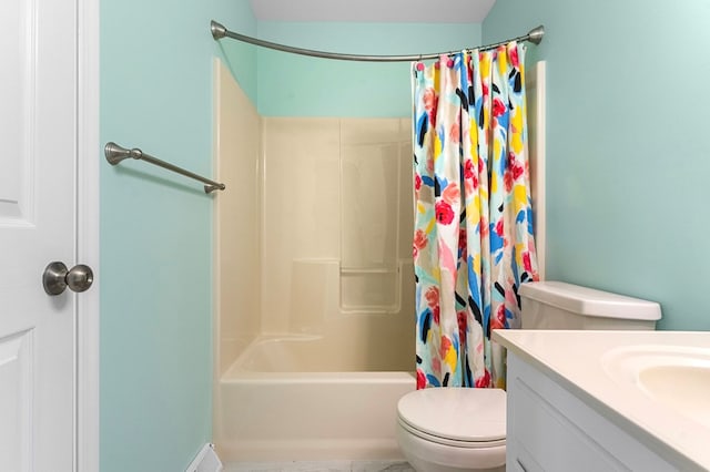 full bathroom featuring shower / tub combo, vanity, and toilet