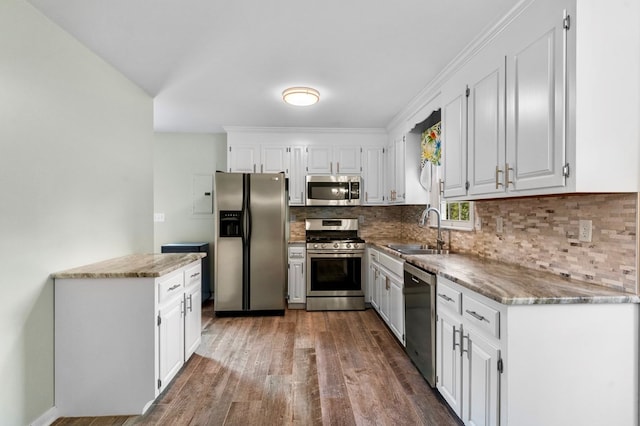 kitchen featuring sink, dark hardwood / wood-style flooring, white cabinets, stainless steel appliances, and backsplash