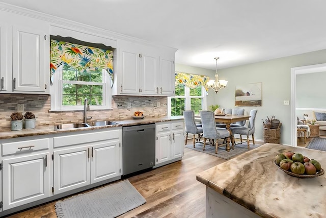 kitchen featuring white cabinetry, dishwasher, sink, and pendant lighting